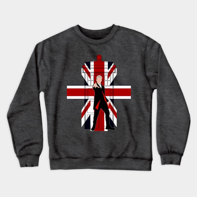 12th Doctor with Union jack Phone booth Crewneck Sweatshirt by Dezigner007